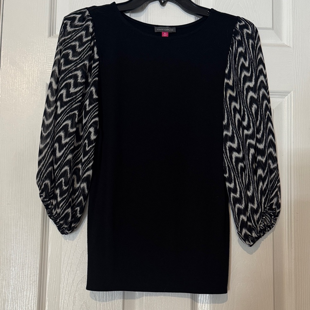 Vince Camuto Black Top with Zigzag Sleeves
